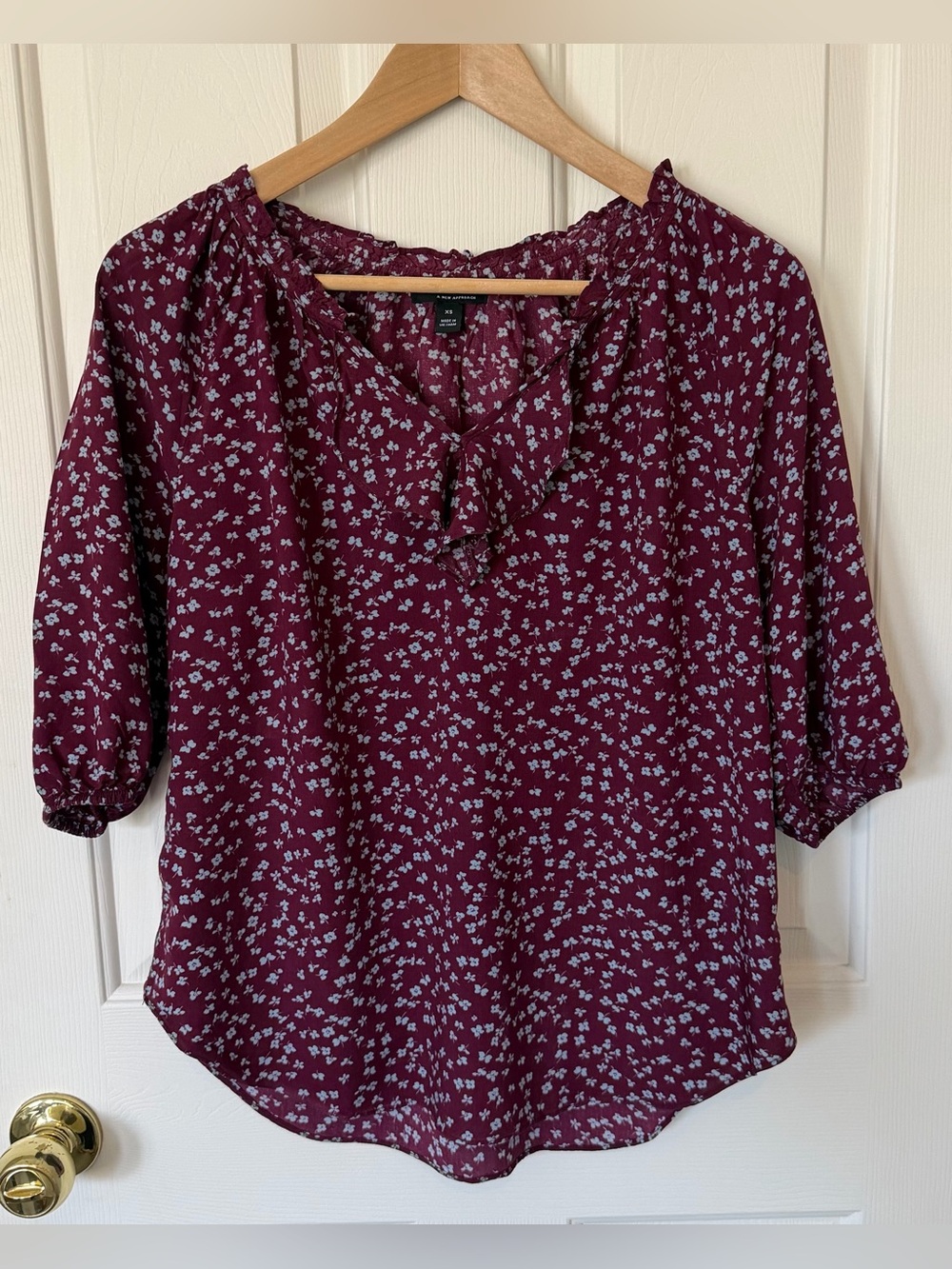 a.n.a Burgundy Floral Ruffle V-Neck Blouse